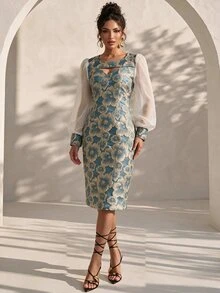 Xyvia Blue Floral Cut Out Front Contrast Mesh Lantern Sleeve Bodycon Dress Wedding Dinner Party Autumn Casual Elegant - Blue - View 3