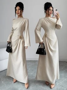 Elenzga Solid Flounce Sleeve Metal Ruched Waist Long Dress - Khaki - View 3