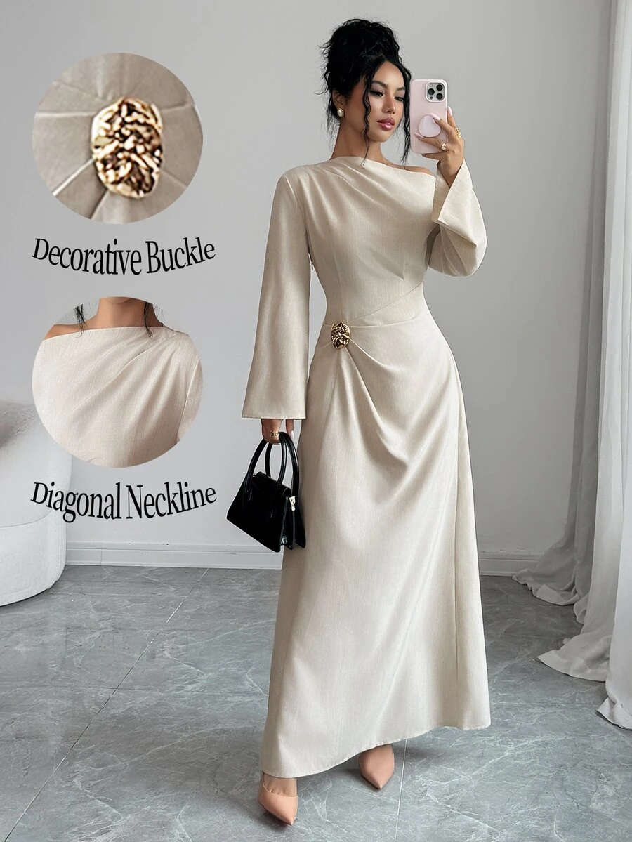 Elenzga Solid Flounce Sleeve Metal Ruched Waist Long Dress - Khaki - View 1