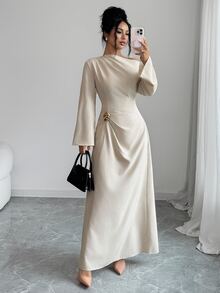 Elenzga Solid Flounce Sleeve Metal Ruched Waist Long Dress - Khaki - View 7