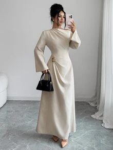 Elenzga Solid Flounce Sleeve Metal Ruched Waist Long Dress - Khaki - View 8