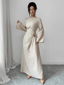 Elenzga Solid Flounce Sleeve Metal Ruched Waist Long Dress - Khaki - View 6