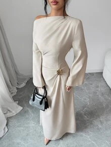 Elenzga Solid Flounce Sleeve Metal Ruched Waist Long Dress - Khaki - View 5