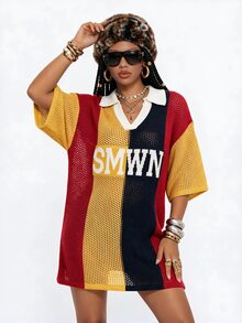 Gowayae Gowayae Letter Pattern Colorblock Drop Shoulder Sweater Dress Without Belt - Multicolor - View 5