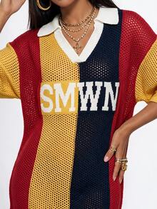 Gowayae Gowayae Letter Pattern Colorblock Drop Shoulder Sweater Dress Without Belt - Multicolor - View 2