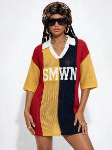 Gowayae Gowayae Letter Pattern Colorblock Drop Shoulder Sweater Dress Without Belt - Multicolor - View 3