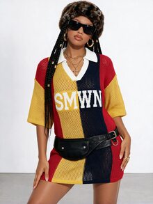 Gowayae Gowayae Letter Pattern Colorblock Drop Shoulder Sweater Dress Without Belt - Multicolor - View 4
