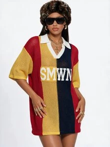 Gowayae Gowayae Letter Pattern Colorblock Drop Shoulder Sweater Dress Without Belt - Multicolor - View 7