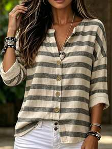 Breezaya Autumn Casual Colorblock Striped Shirt - Multicolor - View 3