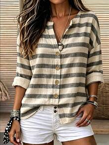 Breezaya Autumn Casual Colorblock Striped Shirt - Multicolor - View 5