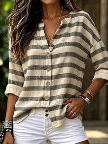 Breezaya Autumn Casual Colorblock Striped Shirt - Multicolor - View 4