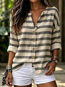 Breezaya Autumn Casual Colorblock Striped Shirt - Multicolor - View 1