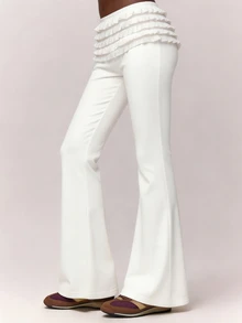 Nooralise Women's Solid Color Multi-Layer Ruffled Hem Design Slim Micro-Flared Pants For The Hips Party Date White Fall Y2k Cute - White - View 1