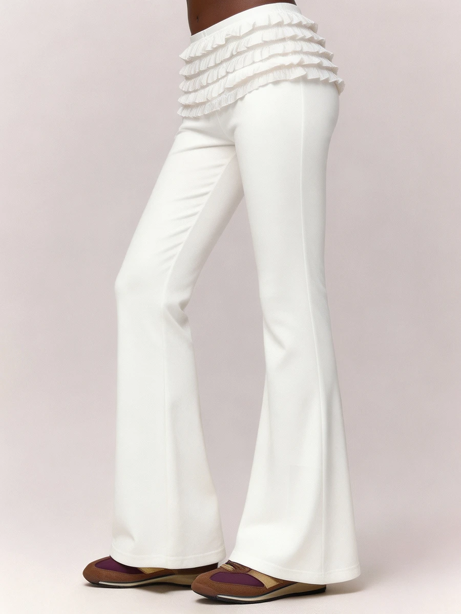 Nooralise Women's Solid Color Multi-Layer Ruffled Hem Design Slim Micro-Flared Pants For The Hips Party Date White Fall Y2k Cute - White - View 1