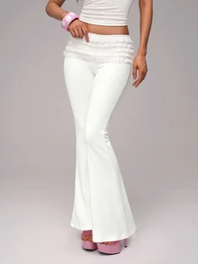 Nooralise Women's Solid Color Multi-Layer Ruffled Hem Design Slim Micro-Flared Pants For The Hips Party Date White Fall Y2k Cute - White - View 3