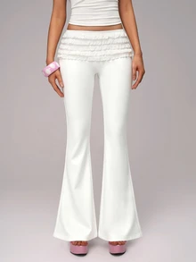 Nooralise Women's Solid Color Multi-Layer Ruffled Hem Design Slim Micro-Flared Pants For The Hips Party Date White Fall Y2k Cute - White - View 7