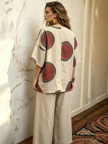 SHEIN LUNE 2件組亞麻套裝，數位印花，寬鬆版型，舒適優雅 - 摩卡棕 - 查看 2