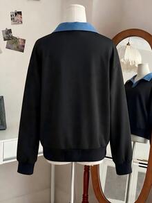 INAWLY Women's Letter Pattern Colorblock Casual Everyday Long Sleeve Sweatshirt - Black - View 2