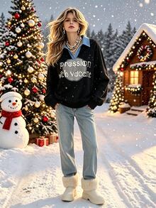 INAWLY Women's Letter Pattern Colorblock Casual Everyday Long Sleeve Sweatshirt - Black - View 5