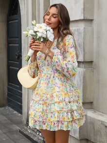 Cévolie Women's Floral Print Multi-Layer Ruffle Hem Dress - Apricot - View 5