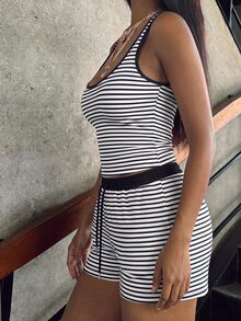 Rovax 女款夏季方領條紋休閒背心與短褲兩件套 - 彩色 - 查看 5