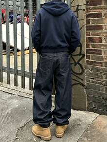 Resyla Men 秋冬男士拉鍊連帽衛衣，毛絨字母貼花，校園休閒風，海軍藍街頭休閒社團沙灘風 - 藏蓝色 - 查看 2