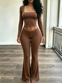 Rovax Women's 2pcs Set Square Neck Solid Color Casual Slim Fit Long Sleeve Top And Flared Pants - Khaki - View 1