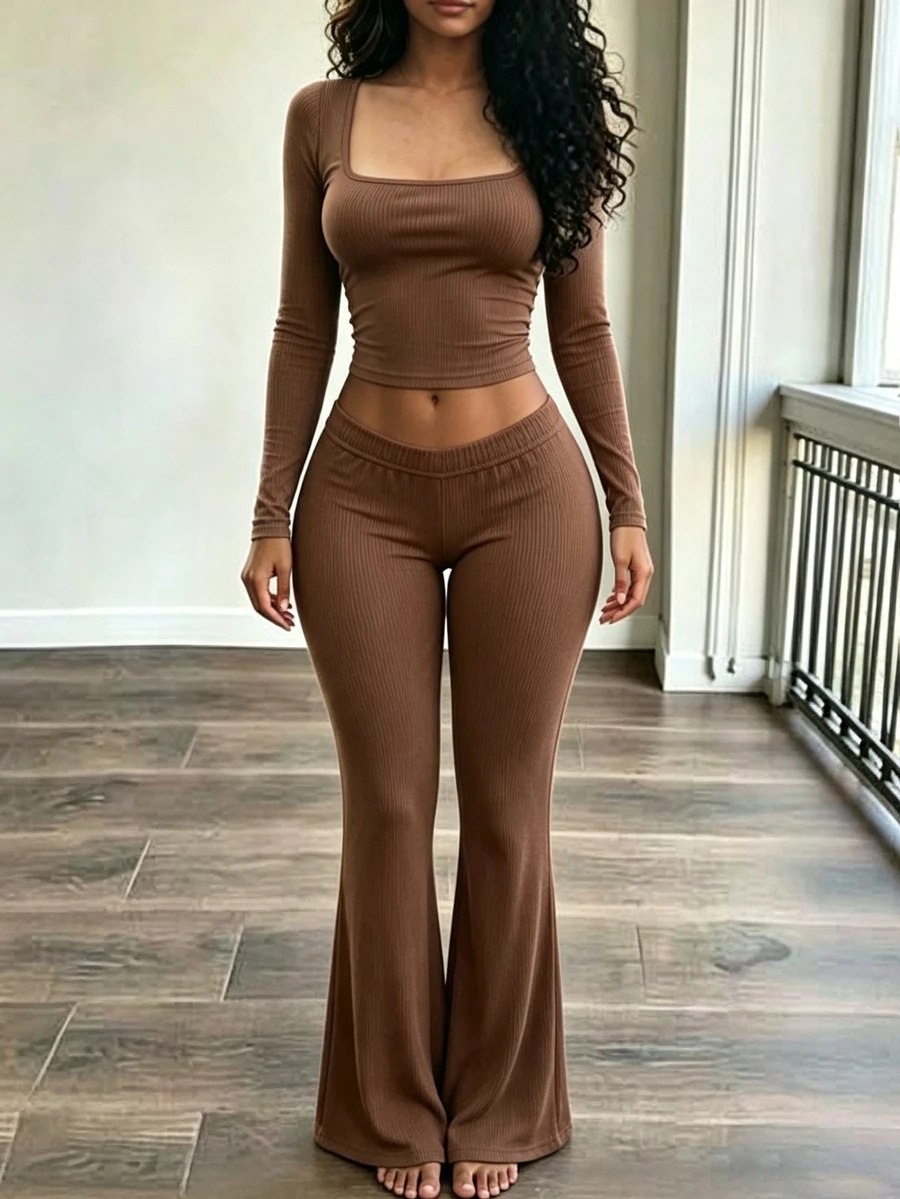 Rovax Women's 2pcs Set Square Neck Solid Color Casual Slim Fit Long Sleeve Top And Flared Pants - Khaki - View 1