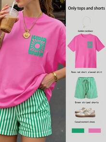 DrmWander Women's Letter Print Short Sleeve T-Shirt And Striped Shorts Casual 2-Piece Set - Multicolor - View 1