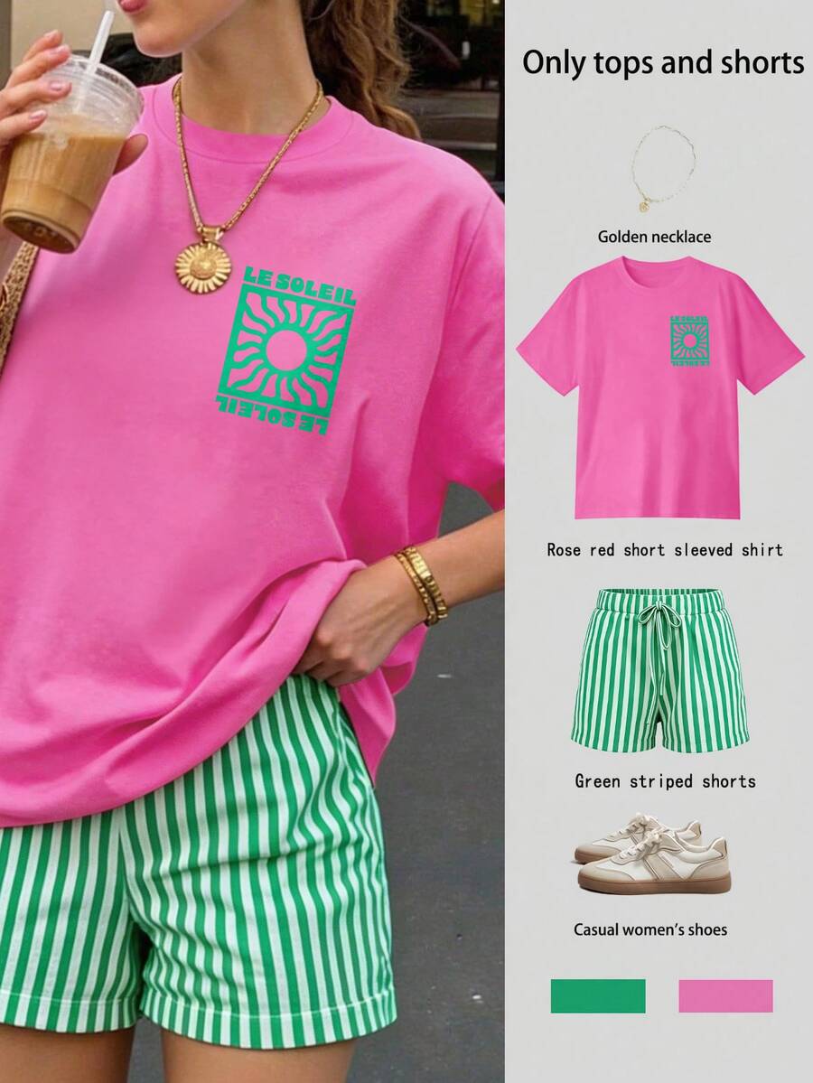 DrmWander Women's Letter Print Short Sleeve T-Shirt And Striped Shorts Casual 2-Piece Set - Multicolor - View 1