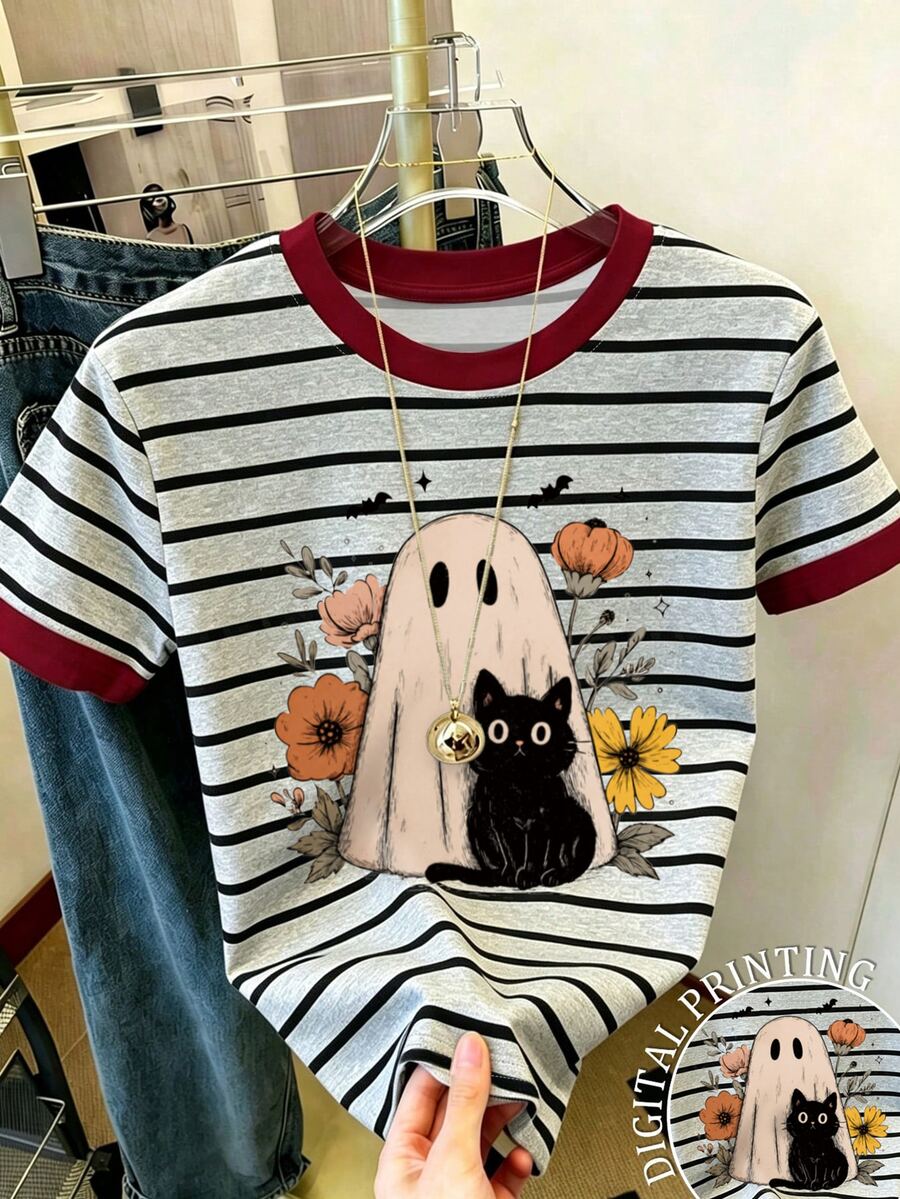 Lalippa Women's Halloween T-Shir Striped Colorblock Cartoon Print Casual Daily Short Sleeve T-Shirt - Grey - View 1