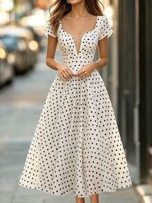 SHEIN Women's Elegant Sexy Classic Polka Dot Linen Texture Short Sleeve Square Neck Waist-Cinching Flare Hem Versatile Dress, Comfortable For Spring, Summer, Autumn, Suitable For Dating, Daily Life, Parties, Outdoor, Commuting, Streetwear And Home Occasions, Fashion Casual Commuting Outfit, Business Office Wear, Daily Casual Wear, Urban Teacher Professional Attire. - Beige - View 1