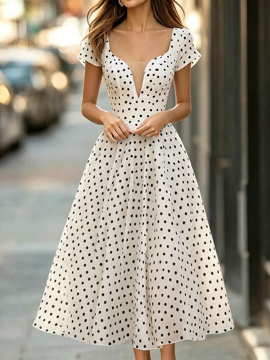 SHEIN Women's Elegant Sexy Classic Polka Dot Linen Texture Short Sleeve Square Neck Waist-Cinching Flare Hem Versatile Dress, Comfortable For Spring, Summer, Autumn, Suitable For Dating, Daily Life, Parties, Outdoor, Commuting, Streetwear And Home Occasions, Fashion Casual Commuting Outfit, Business Office Wear, Daily Casual Wear, Urban Teacher Professional Attire. - Beige - View 1