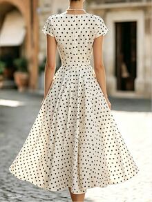 SHEIN Women's Elegant Sexy Classic Polka Dot Linen Texture Short Sleeve Square Neck Waist-Cinching Flare Hem Versatile Dress, Comfortable For Spring, Summer, Autumn, Suitable For Dating, Daily Life, Parties, Outdoor, Commuting, Streetwear And Home Occasions, Fashion Casual Commuting Outfit, Business Office Wear, Daily Casual Wear, Urban Teacher Professional Attire. - Beige - View 2