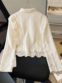 Franclia 女士蕾丝边法式领前纽扣长袖衬衫女士衬衫蕾丝衬衫白色年轻女孩衬衫 - 杏色 - 查看 2