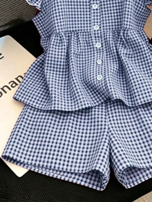 SHEIN Franclia 女款夏季度假套裝，舒適裙裝上衣與短褲，亞麻風梭織經典格紋休閒可愛野餐度假藍白配色 - 藍色 - 查看 5