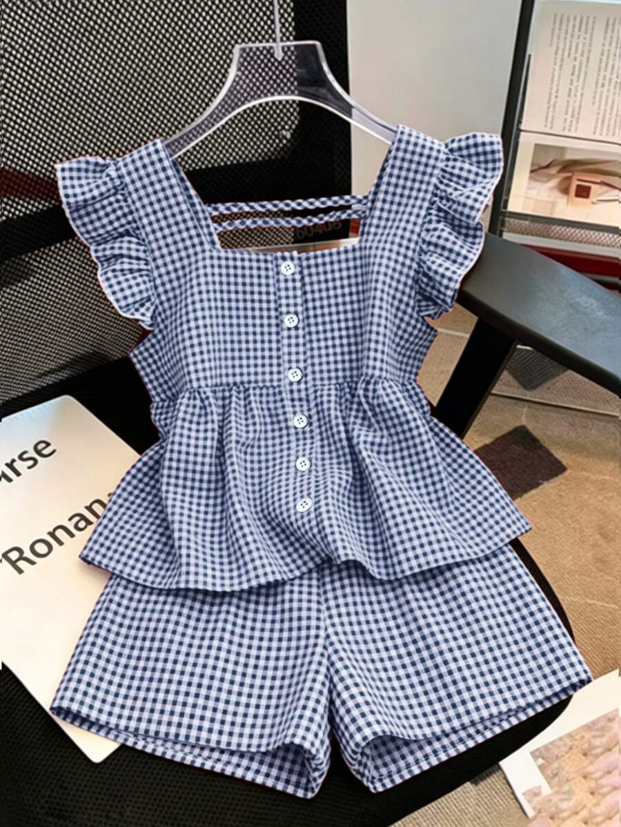 SHEIN Franclia 女款夏季度假套裝,舒適裙裝上衣與短褲,亞麻風梭織經典格紋休閒可愛野餐度假藍白配色 - 藍色 - 查看 1
