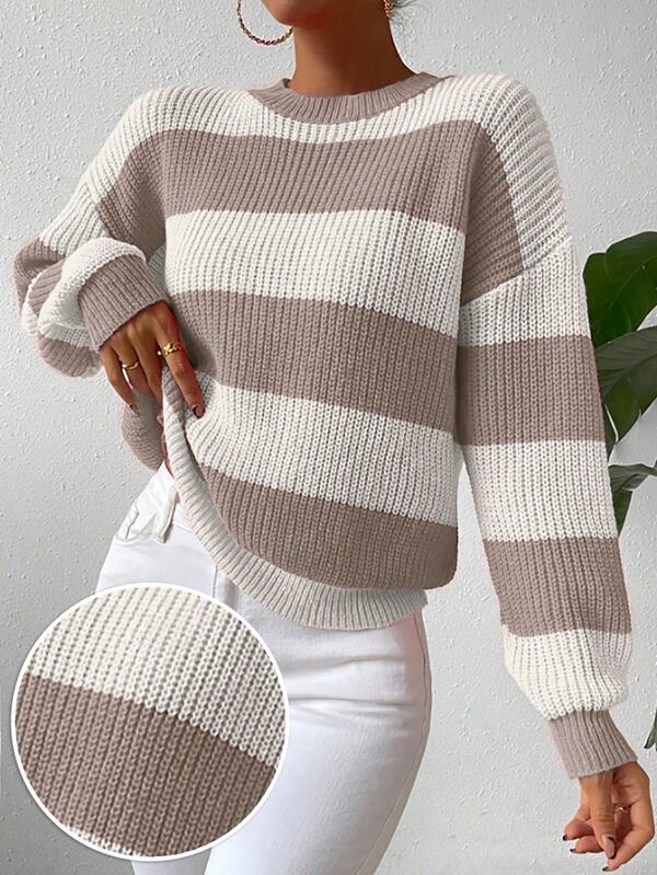 SHEIN Striped Contrast Color Drop Shoulder Sweater Pullover,Long Sleeve Tops Knit Pullover Fall Winter Sweater