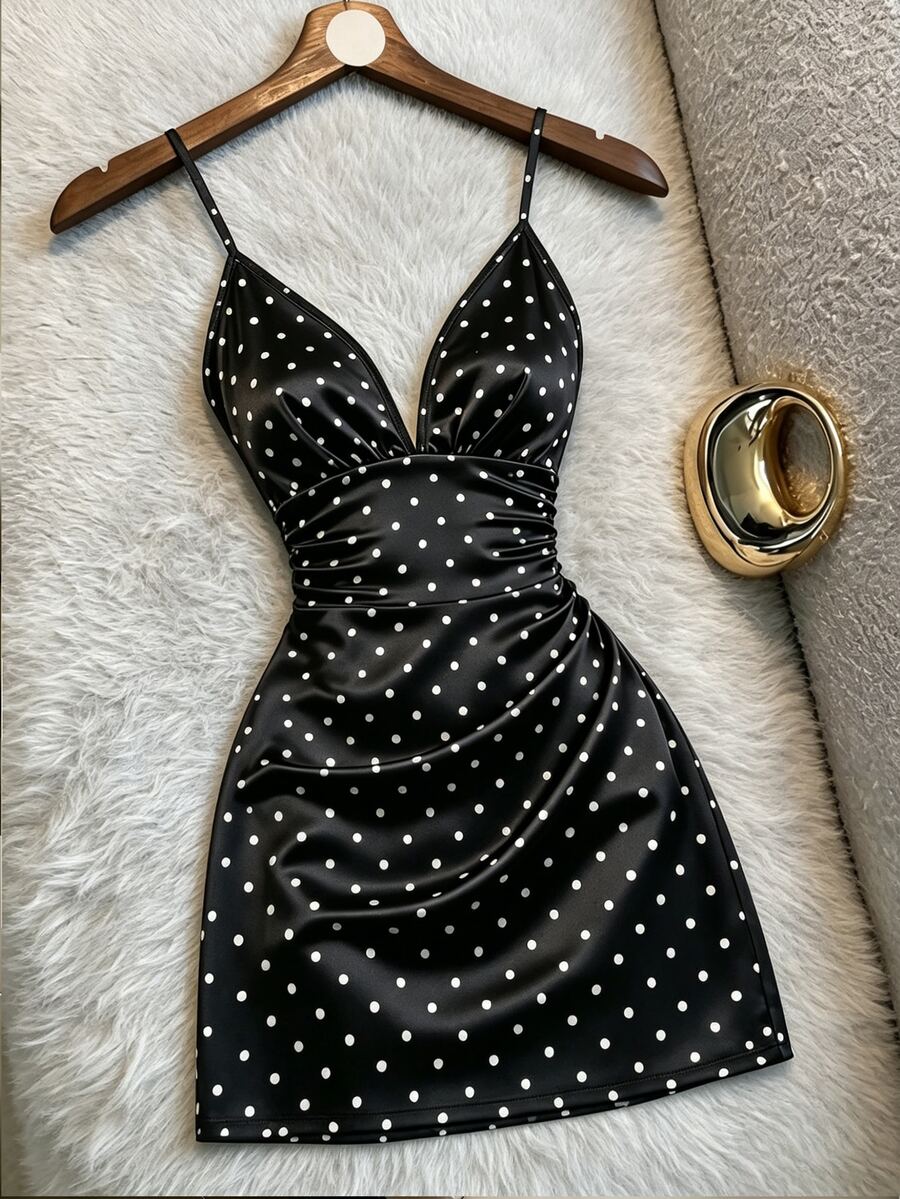 Franclia Women's Elegant Solid Color Satin Lightweight Luxury Spaghetti Strap Sexy Ruched Low Cut Waist-Cinched Dress - Black and White - View 1