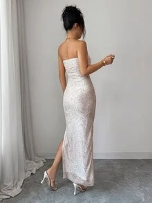 Suri Mira 女款滿版印花抹胸開衩下擺極簡休閒長洋裝套裝 - 杏色 - 查看 3