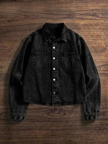 SWAVVY Men's Washed Snow-Wash Denim Jacket - Black - View 3