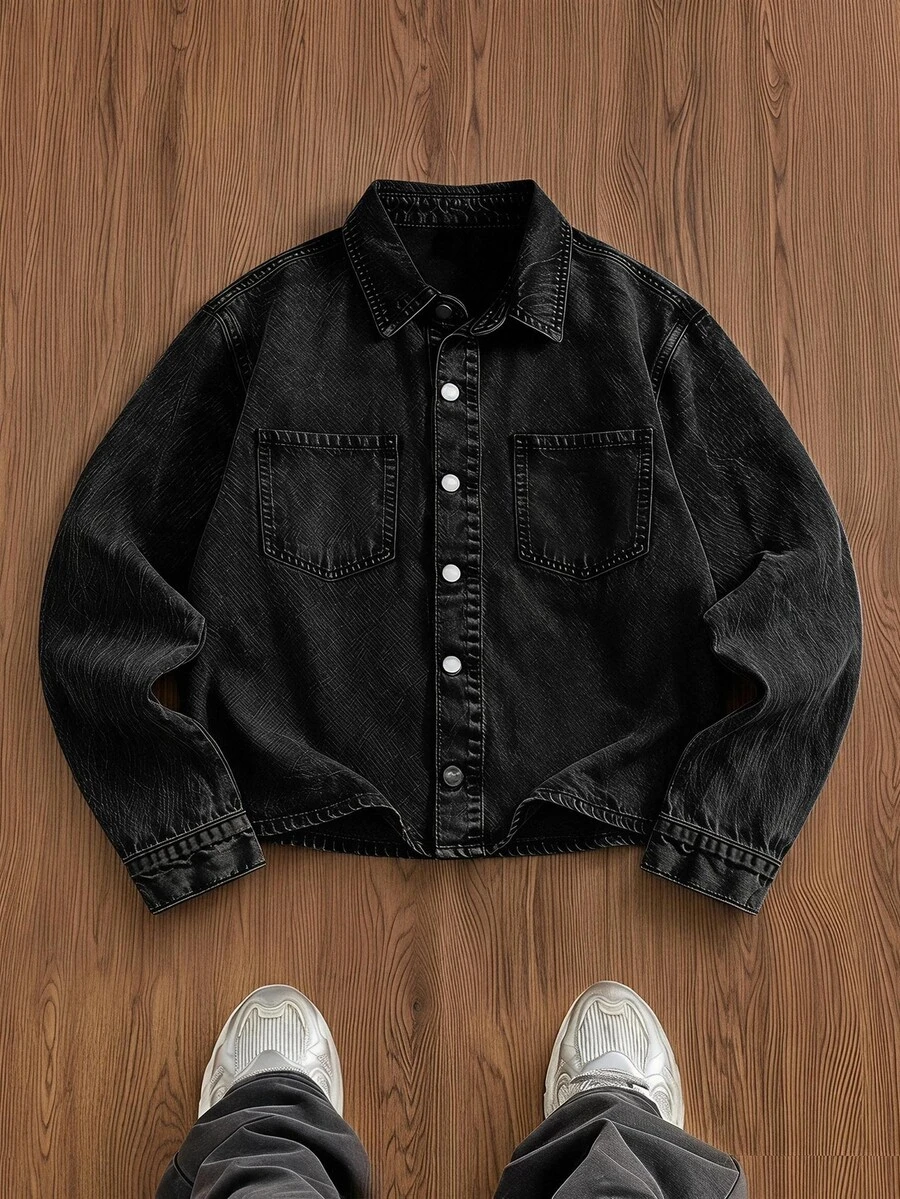 SWAVVY Men's Washed Snow-Wash Denim Jacket - Black - View 1