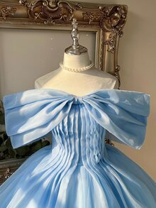 Lovelzi Elegant Glamorous Baby Blue Organza Oversized Bow Off-Shoulder Puffy A-Line Short Mini Princess Prom Homecoming Cocktail Birthday Party Ball Gown - Baby Blue - View 3