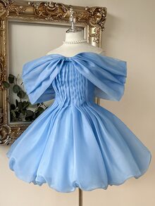 Lovelzi Elegant Glamorous Baby Blue Organza Oversized Bow Off-Shoulder Puffy A-Line Short Mini Princess Prom Homecoming Cocktail Birthday Party Ball Gown - Baby Blue - View 6