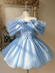 Lovelzi Elegant Glamorous Baby Blue Organza Oversized Bow Off-Shoulder Puffy A-Line Short Mini Princess Prom Homecoming Cocktail Birthday Party Ball Gown - Baby Blue - View 2