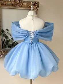 Lovelzi Elegant Glamorous Baby Blue Organza Oversized Bow Off-Shoulder Puffy A-Line Short Mini Princess Prom Homecoming Cocktail Birthday Party Ball Gown - Baby Blue - View 4