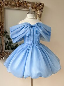 Lovelzi Elegant Glamorous Baby Blue Organza Oversized Bow Off-Shoulder Puffy A-Line Short Mini Princess Prom Homecoming Cocktail Birthday Party Ball Gown - Baby Blue - View 5