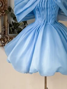 Lovelzi Elegant Glamorous Baby Blue Organza Oversized Bow Off-Shoulder Puffy A-Line Short Mini Princess Prom Homecoming Cocktail Birthday Party Ball Gown - Baby Blue - View 8
