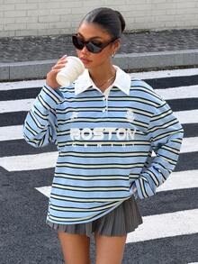 Muchica 女款新款秋季藍色條紋 Polo 領字母印花寬鬆長袖 T 恤 - 藍色 - 查看 3