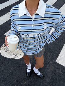 Muchica 女款新款秋季藍色條紋 Polo 領字母印花寬鬆長袖 T 恤 - 藍色 - 查看 4